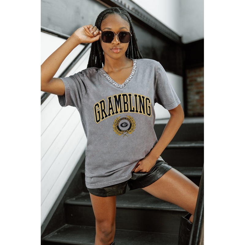 GRAMBLING STATE TIGERS ICONIC EDGE RHINESTONE TRIM V-NECK TEE