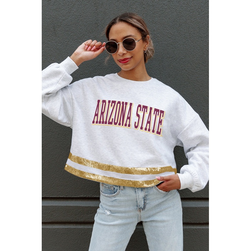 ARIZONA STATE SUN DEVILS PASS THE SHINE SEQUIN TRIM MID-CROP SWEATSHIRT
