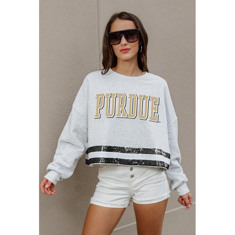 PURDUE BOILERMAKERS Pass The Shine Sequin Trim Mid-Crop Sweatshirt