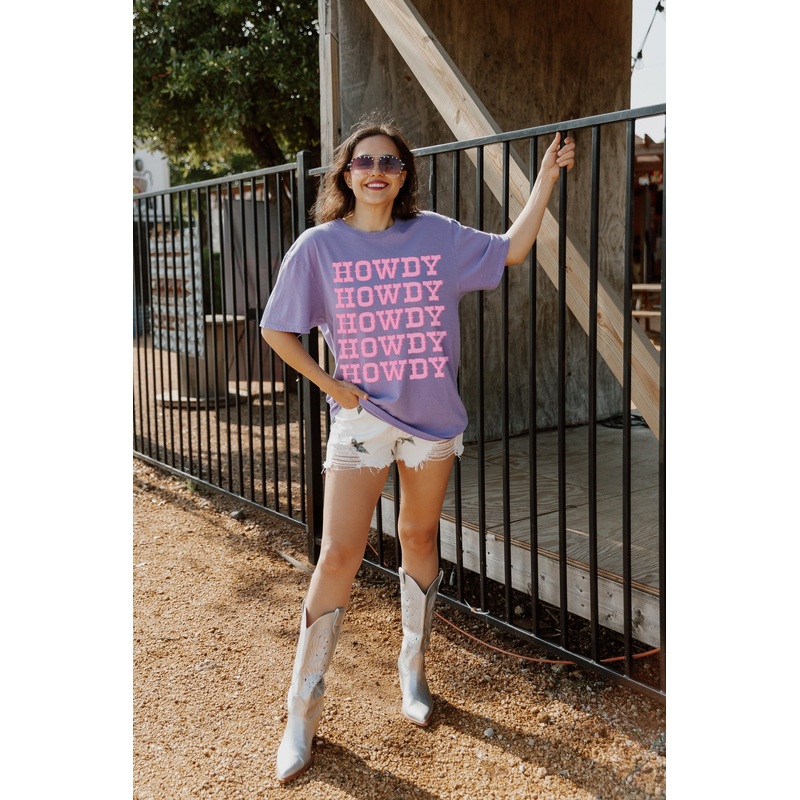 WE SAY HOWDY GARMENT DYED BOYFRIEND TEE IN PURPLE