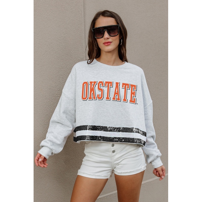OKLAHOMA STATE COWBOYS Pass The Shine Sequin Trim Mid-Crop Sweatshirt