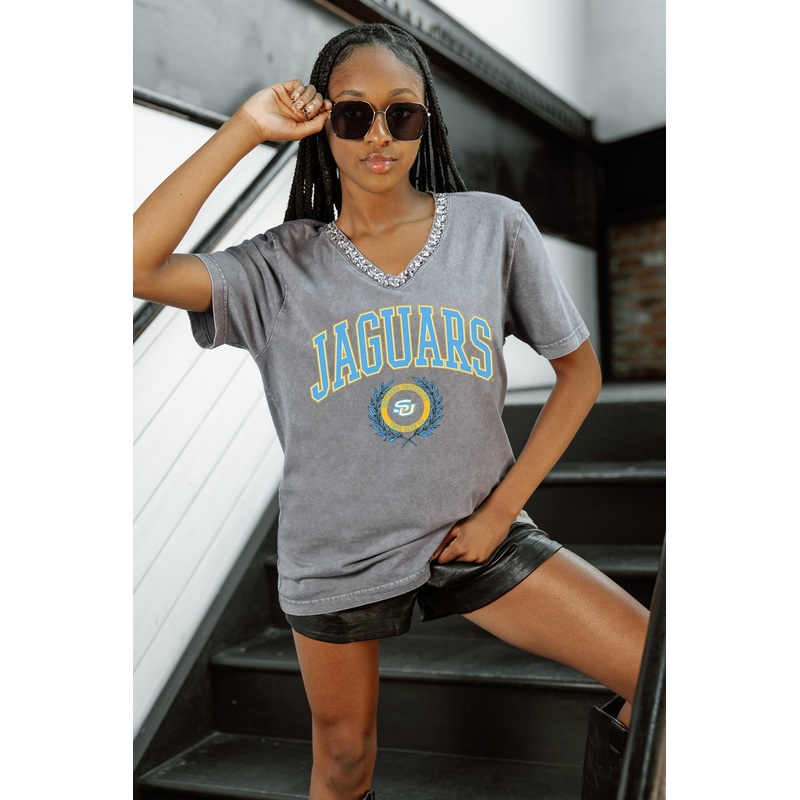 SOUTHERN JAGUARS ICONIC EDGE RHINESTONE TRIM V-NECK TEE