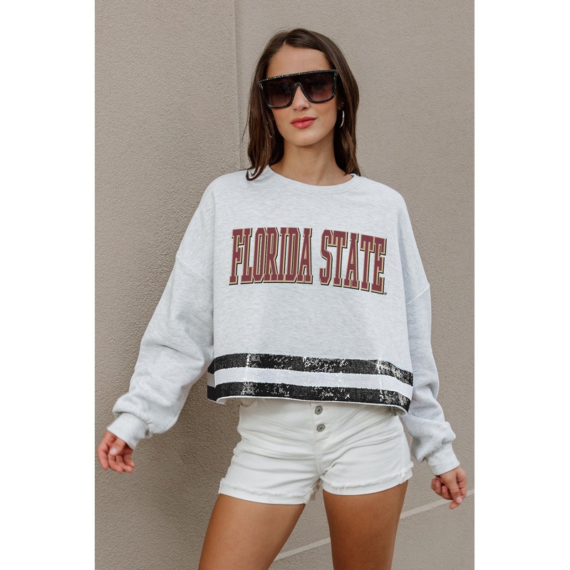 FLORIDA STATE SEMINOLES Pass The Shine Sequin Trim Mid-Crop Sweatshirt