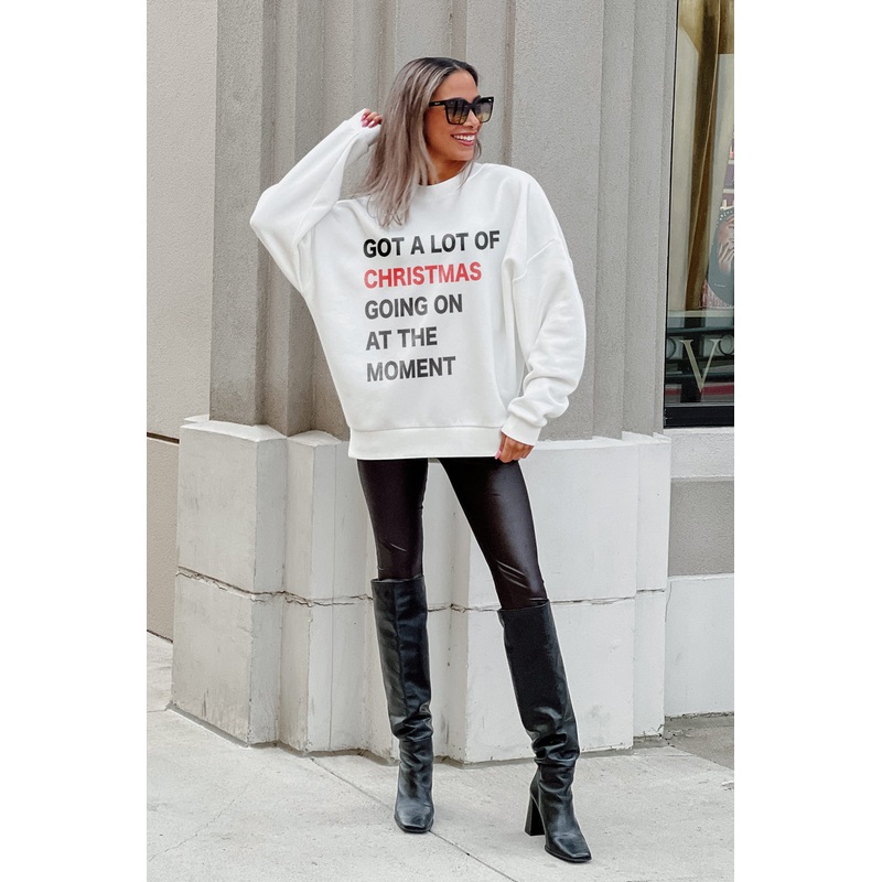 NEVER TOO MUCH CHRISTMAS DROP SHOULDER CREWNECK SWEATSHIRT IN WHITE