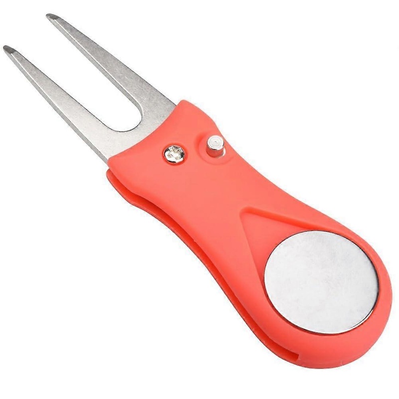 White golf turf tool with magnetic golf ball markers, pitchfork  tool markers red