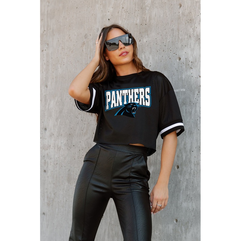 CAROLINA PANTHERS Automatic Down Lightweight Striped Sleeve Top