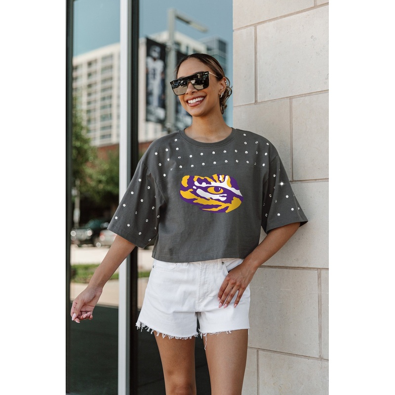 LSU TIGERS Making Moves Rhinestone Crop Tee With Yoke