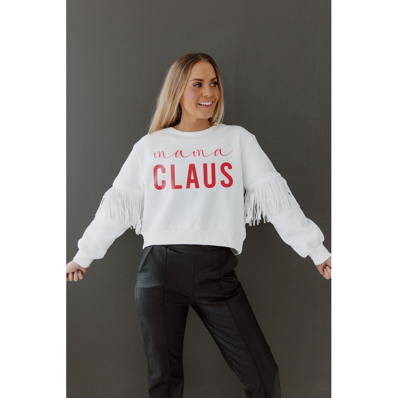 MAMA CLAUS FRINGE SWEATSHIRT IN WHITE