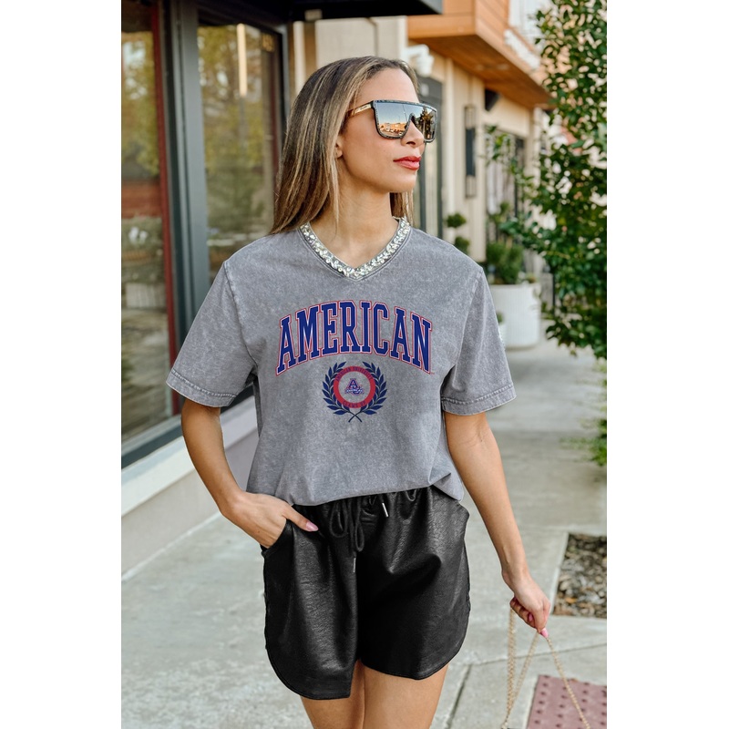 AMERICAN UNIVERSITY EAGLES ICONIC EDGE RHINESTONE TRIM V-NECK TEE