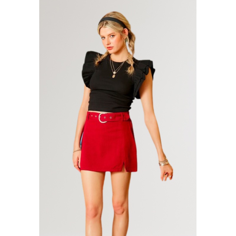 BUCKLE BEAUTY SKIRT IN CRIMSON
