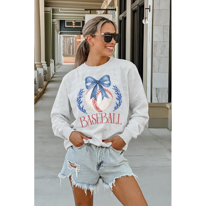 BASEBALLS AND BOWS PREMIUM FLEECE DROP SHOULDER CREWNECK PULLOVER