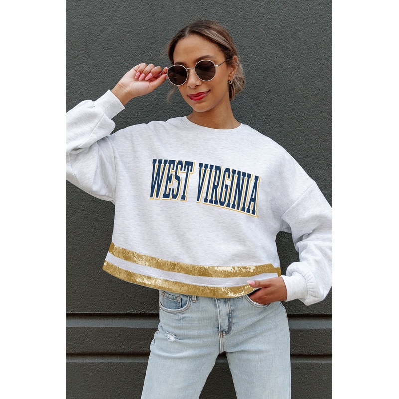 WEST VIRGINIA MOUNTAINEERS Pass The Shine Sequin Trim Mid-Crop Sweatshirt
