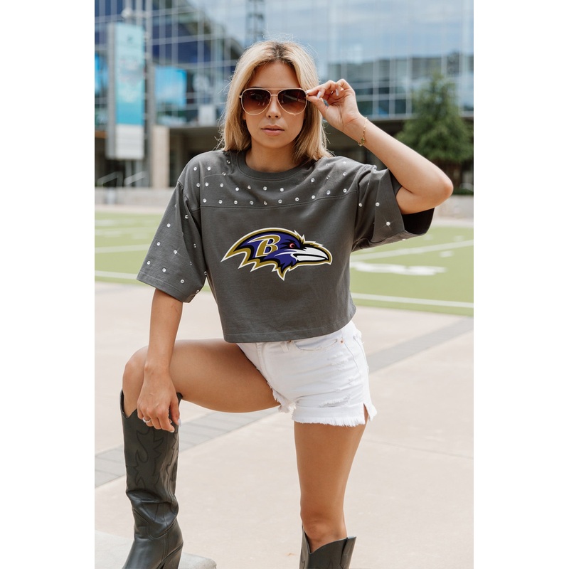 BALTIMORE RAVENS Making Moves Rhinestone Crop Tee With Yoke