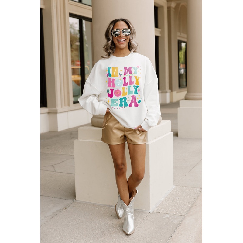 PINK HOLLY JOLLY ERA DROP SHOULDER CREWNECK SWEATSHIRT IN WHITE