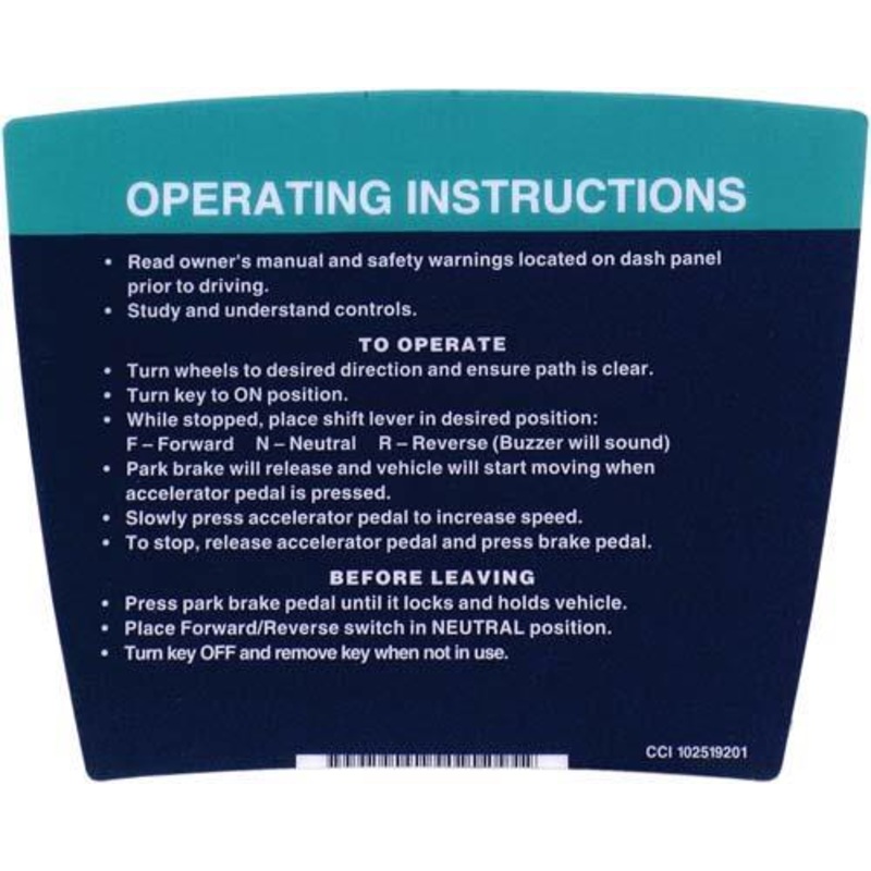 Club Car DS Operating Instructions Decal (Years 1992-Up) PN# 14287