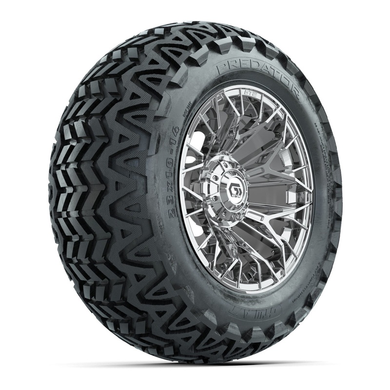 Set of (4) 14 in GTW Stellar Chrome Wheels with 23×10-14 Predator All-Terrain Tires PN# A19-789