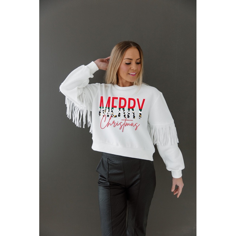 CHRISTMAS CHEER FRINGE SWEATSHIRT IN WHITE
