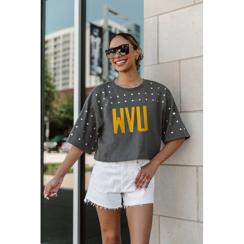 WEST VIRGINIA MOUNTAINEERS Making Moves Rhinestone Crop Tee With Yoke