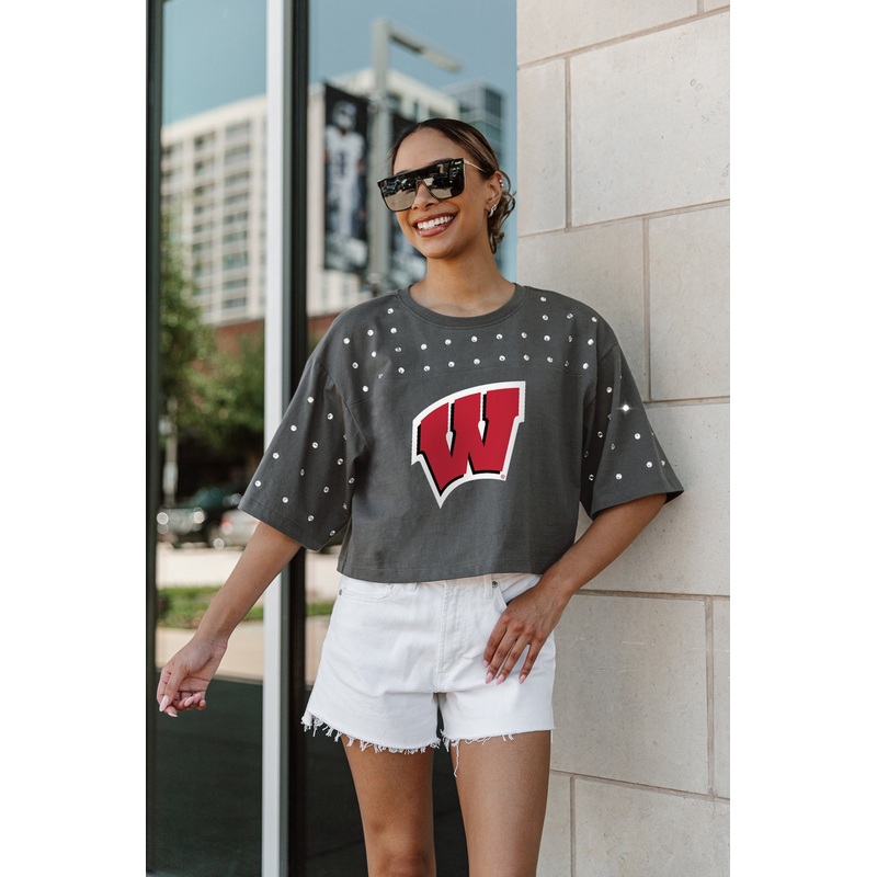 WISCONSIN BADGERS Making Moves Rhinestone Crop Tee With Yoke