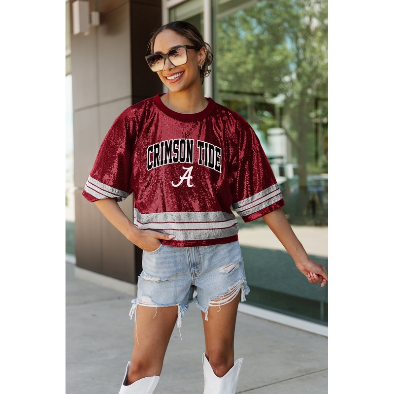ALABAMA CRIMSON TIDE OWN THE GAME FULL SEQUIN SPARKLE SPORTS-STRIPED CROPPED JERSEY