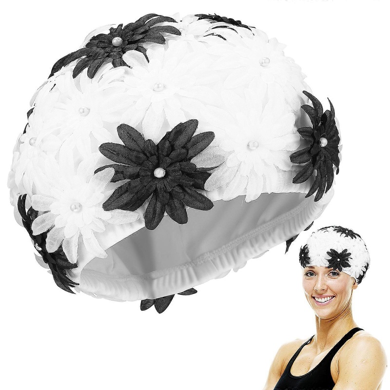 Women Double Layer Hollow Pearl Flower Swimming Cap Ladies Swimming Hat for Outdoor Rafting