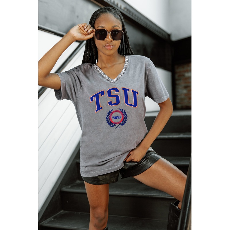 TENNESSEE STATE TIGERS ICONIC EDGE RHINESTONE TRIM V-NECK TEE