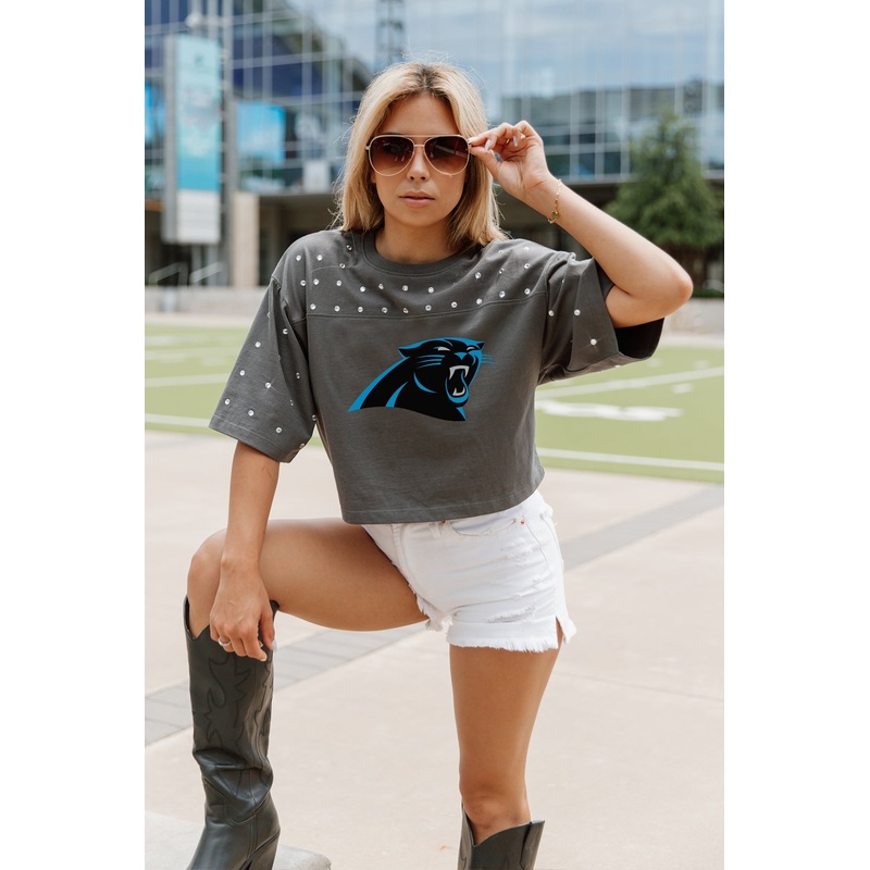 CAROLINA PANTHERS Making Moves Rhinestone Crop Tee With Yoke