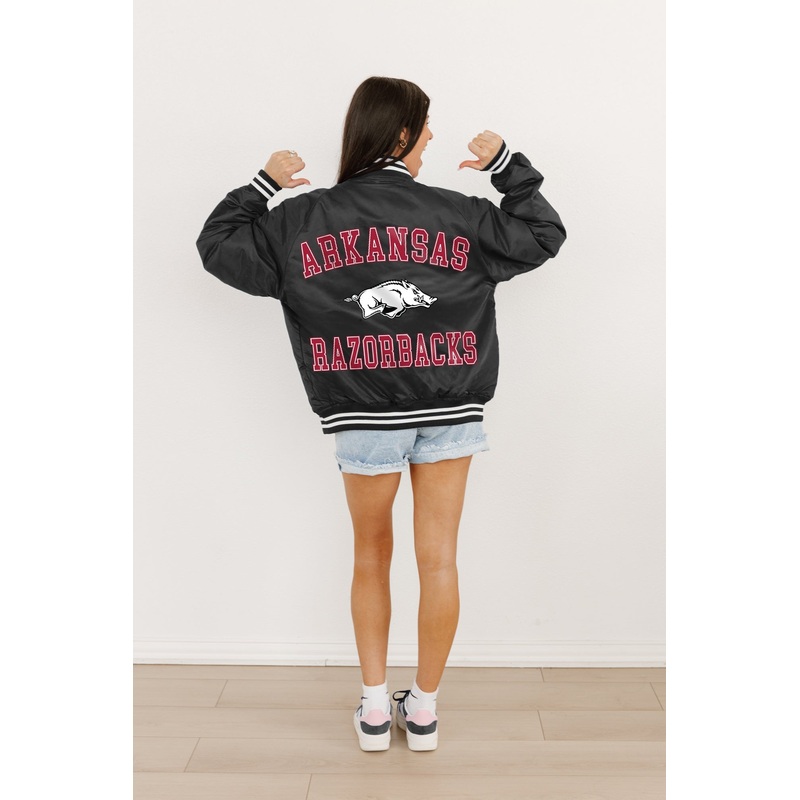 ARKANSAS RAZORBACKS Champion’s Club Striped Varsity Jacket By Madi Prewett Troutt