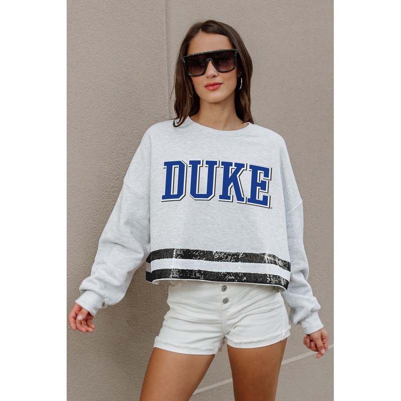 DUKE BLUE DEVILS Pass The Shine Sequin Trim Mid-Crop Sweatshirt