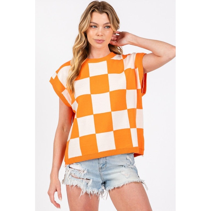 CHECKERED CHARM TOP IN ORANGE AND WHITE