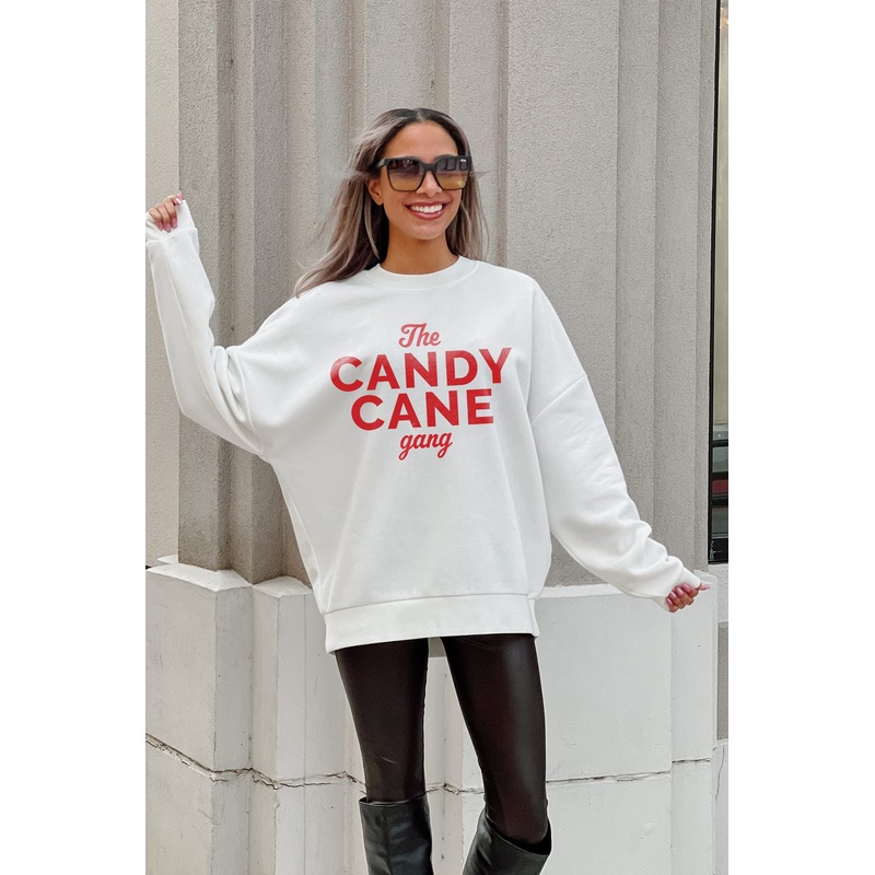 CANDY CANE GANG DROP SHOULDER CREWNECK SWEATSHIRT IN WHITE