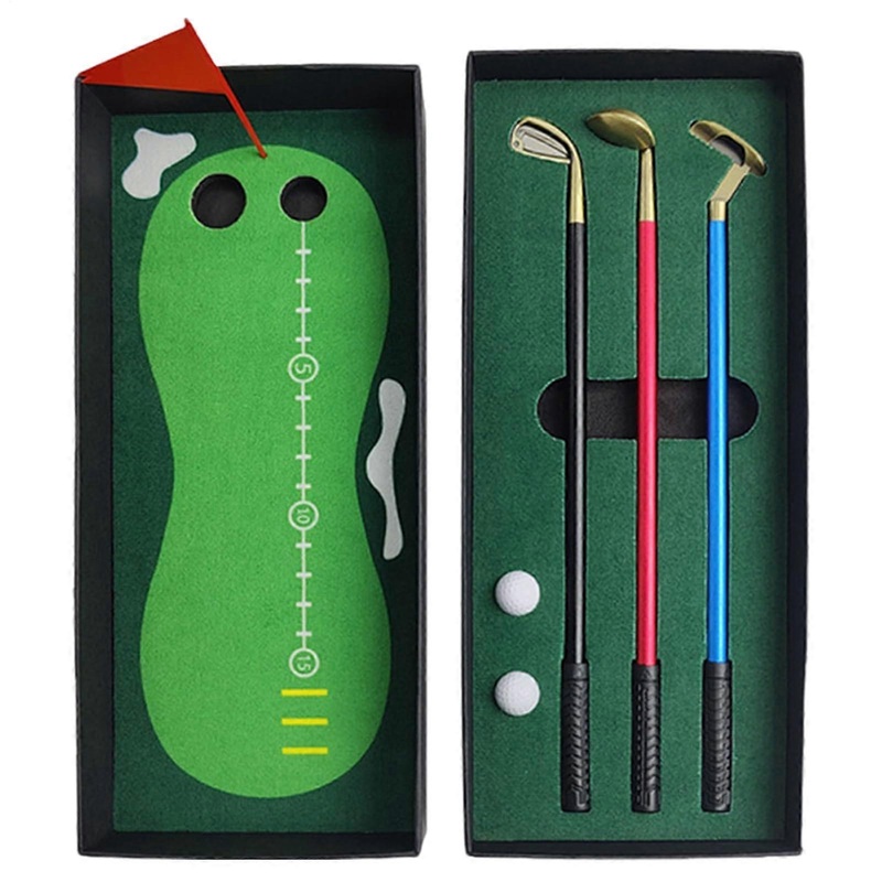 Golf Ballpoint Pens, Golf Pens, Desktop Golf, Small Golf Game Set with Putting Green, Flag, 3 Golf Clubs, Pens and 2 Balls for Colleagues Black