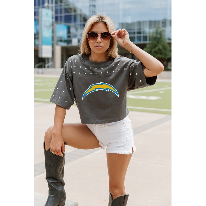 LOS ANGELES CHARGERS Making Moves Rhinestone Crop Tee With Yoke