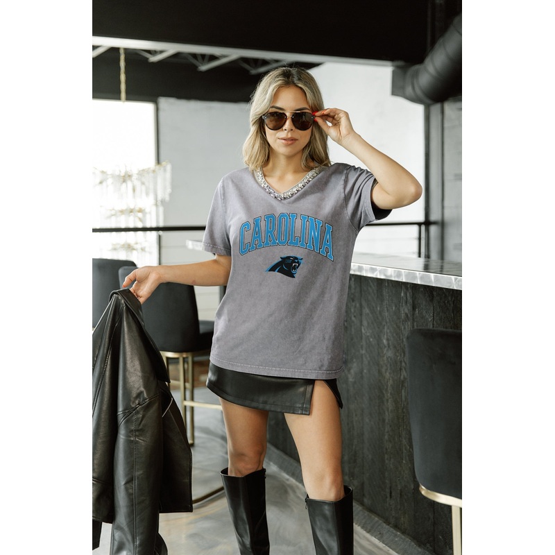 CAROLINA PANTHERS ICONIC EDGE RHINESTONE TRIM V-NECK TEE
