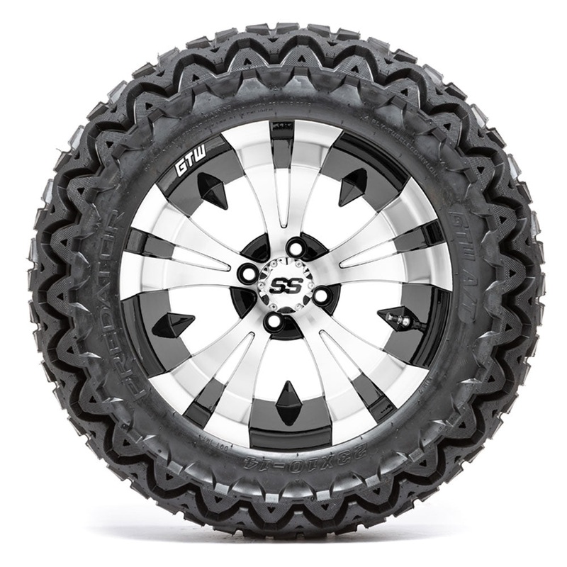 14 GTW Vampire Black and Machined Wheels with 23 Predator A/T Tires  Set of 4 PN# A19-415