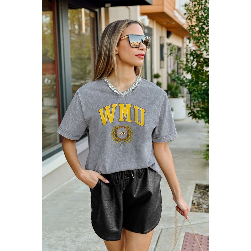 WESTERN MICHIGAN BRONCOS ICONIC EDGE RHINESTONE TRIM V-NECK TEE