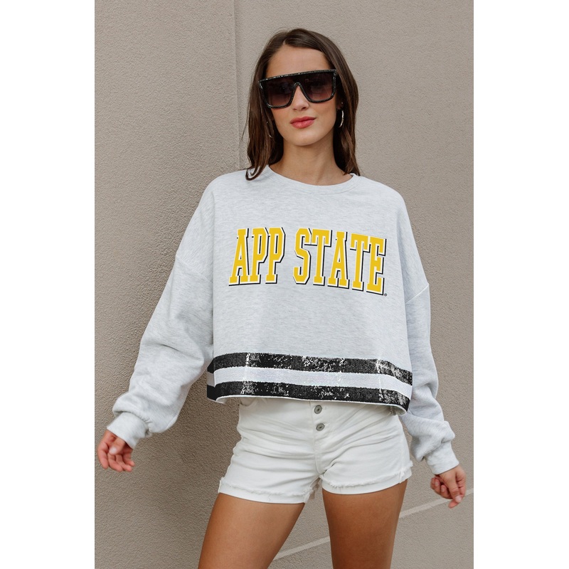 APPALACHIAN STATE MOUNTAINEERS PASS THE SHINE SEQUIN TRIM MID-CROP SWEATSHIRT