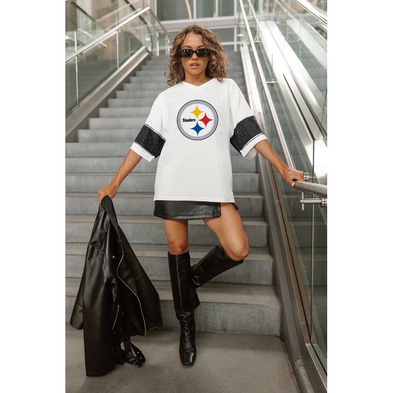 PITTSBURGH STEELERS DOMINANCE RHINESTONE STRIPE VARSITY TEE