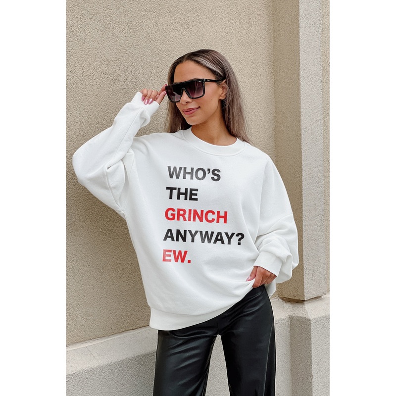 WHO’S THE GRINCH DROP SHOULDER CREWNECK SWEATSHIRT IN WHITE