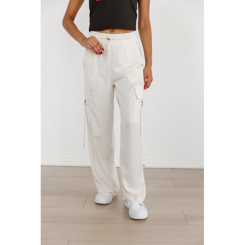 SATIN SHINE DRAWSTRING CARGOS IN IVORY