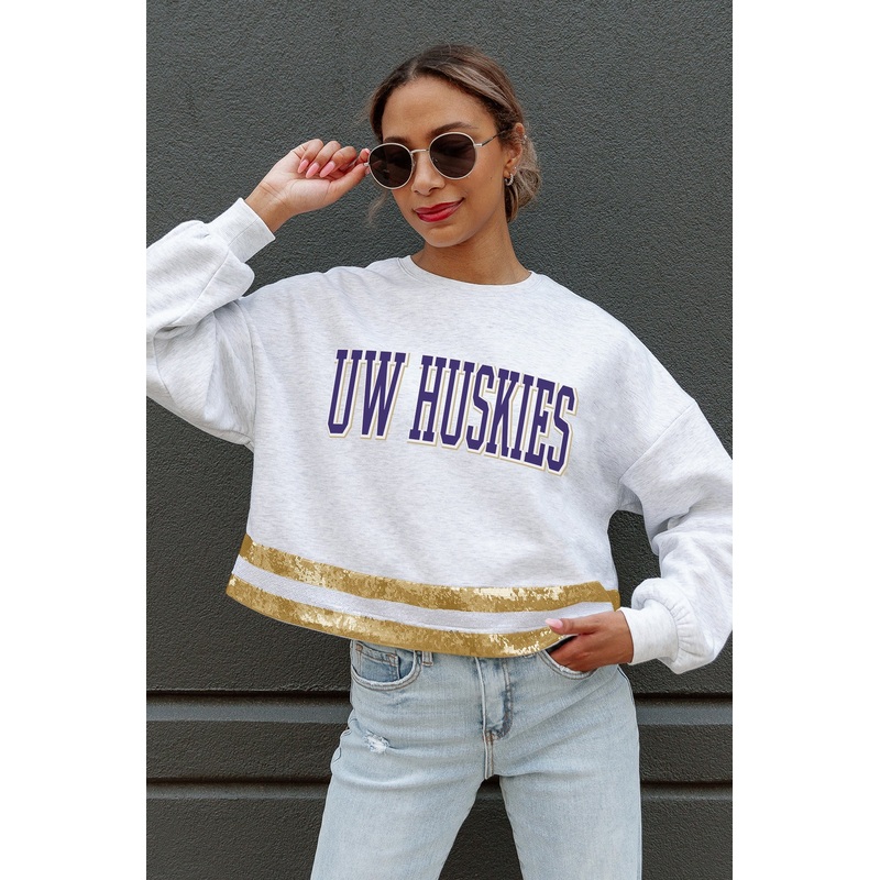 WASHINGTON HUSKIES Pass The Shine Sequin Trim Mid-Crop Sweatshirt
