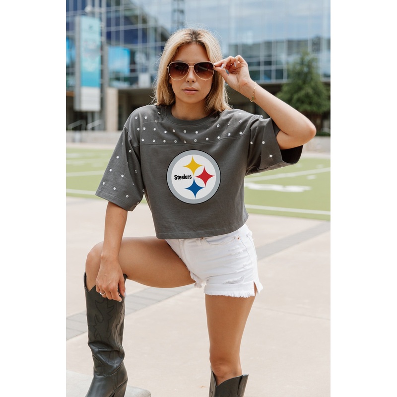 PITTSBURGH STEELERS Making Moves Rhinestone Crop Tee With Yoke