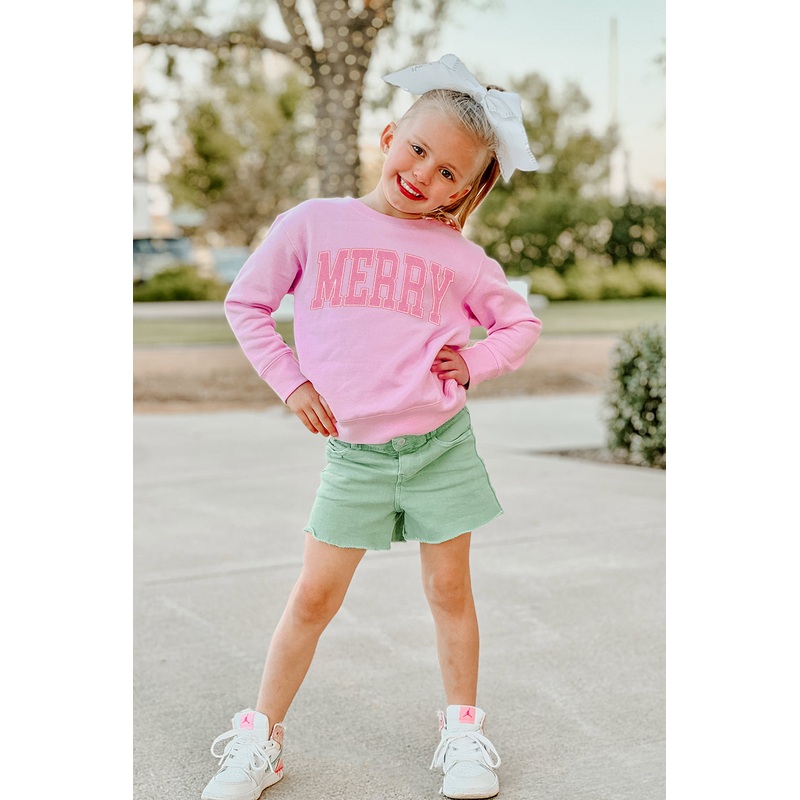 MERRY VARSITY LETTERS TODDLER CREW SWEATSHIRT IN LIGHT PINK