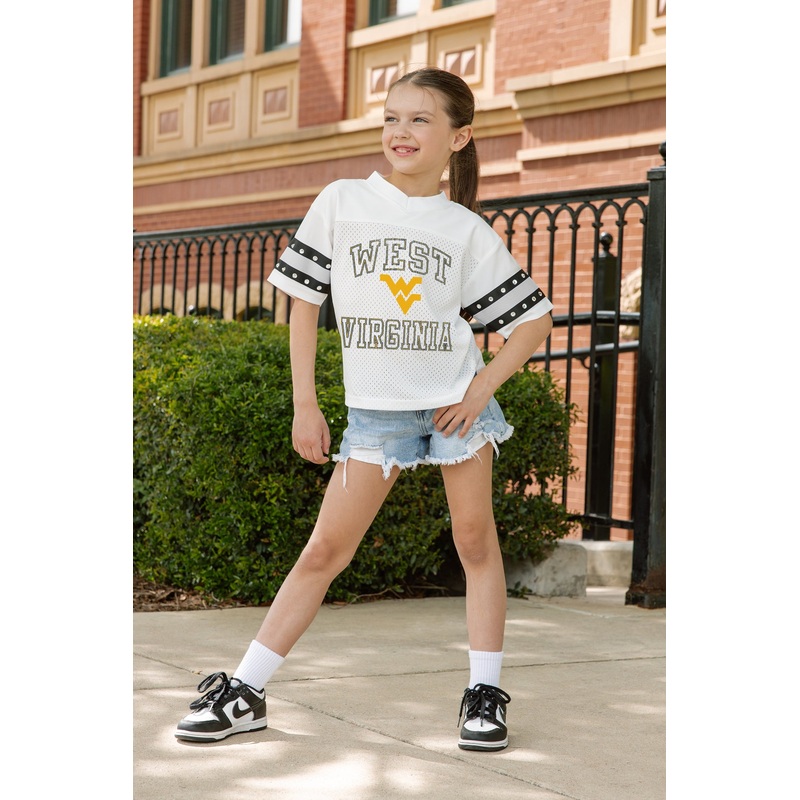 WEST VIRGINIA MOUNTAINEERS A Step Ahead Kid’s Oversized Rhinestone-Striped Jersey